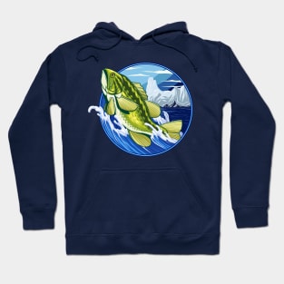 Jumping Bass on Iceberg: The Perfect Fishing Illustration Hoodie